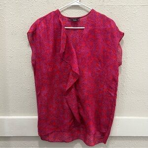 ETCETERA Red and Magenta Print Center Ruffle Cotton/Silk Blouse Size 4